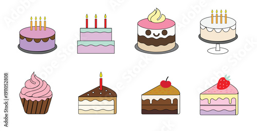 Cartoon Cake Icons Pack Colorful Bakery and Birthday Vector Clipart