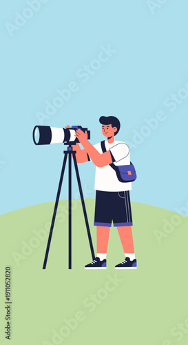 Outdoor Photographer Capturing Scenic Views With Professional Camera Equipment