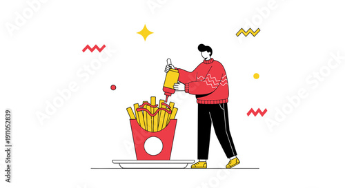 Person Adds Ketchup To A Large Portion Of French Fries