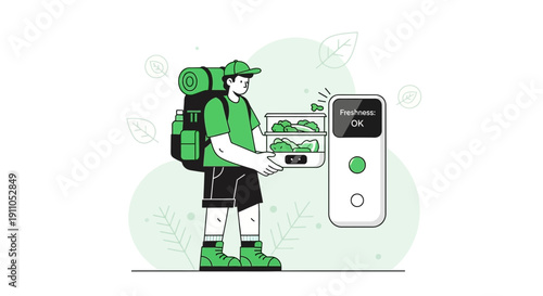 Outdoor Traveler Checking Food Freshness With Smart Device