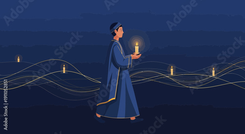 Person Holding Candle In Dark Blue Night Scene