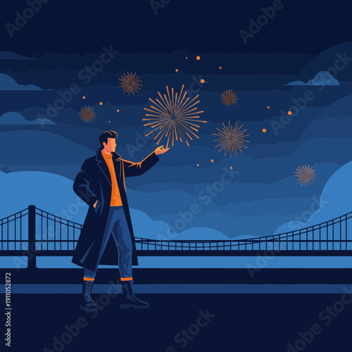 Person Holding Festive Fireworks Against A Bridge Night Sky
