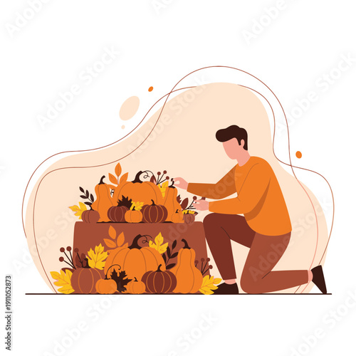 Person Arranging Autumn Harvest Pumpkins And Leaves For Seasonal Decoration