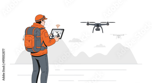 Outdoorsman Piloting Drone With Tablet And Controller In Mountainous Terrain