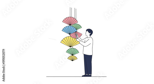 Person Arranging Decorative Colorful Hanging Fans Installation Art Installation