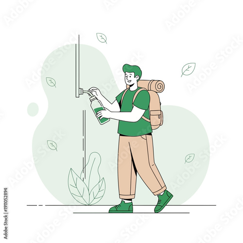 Outdoorsy Man Refills Water Bottle At Outdoor Station