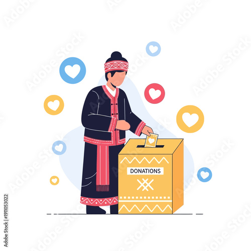 Person in Traditional Attire Donating to Charity Box with Hearts