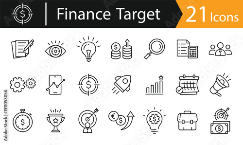 Finance Target and Money Goal Line Icon Set – Business Growth, Investment Strategy and Profit Outline Vector Collection