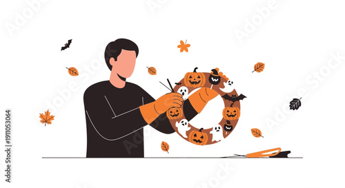 Person Crafting Halloween Wreath with Pumpkins and Ghosts Festive Decor