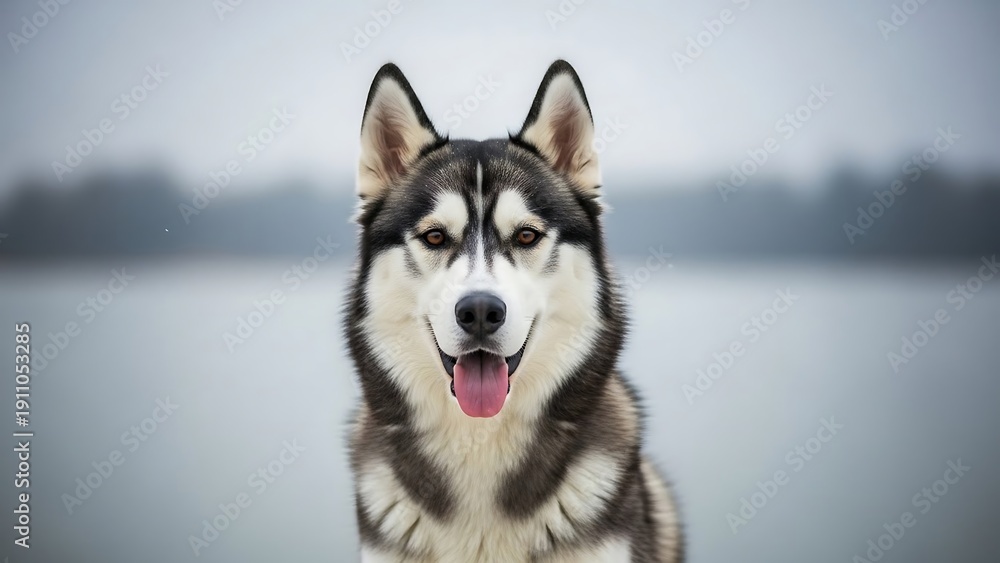 Fototapeta premium Smiling Husky Dog by Waterfront Serenity.