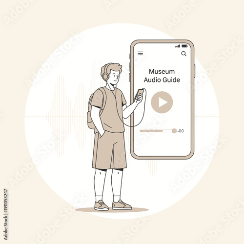 Person Engaging With Museum Audio Guide App on Smartphone Digital Experience