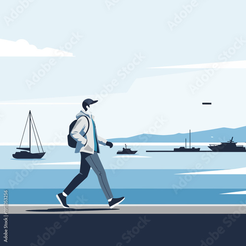 Person Enjoying Coastal Walk With Sailboats and Ships Docked On The Water