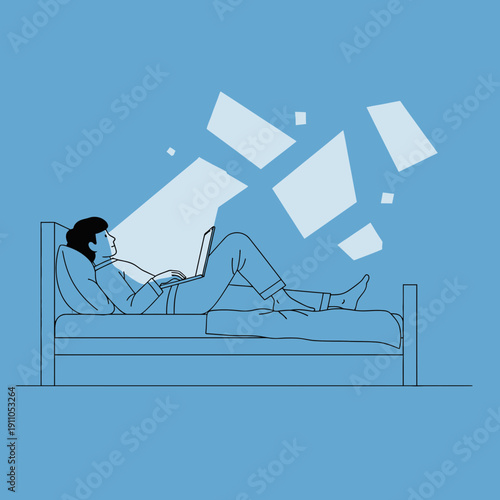 Person Lying In Bed Working On Laptop With Abstract Geometric Shapes Floating Above
