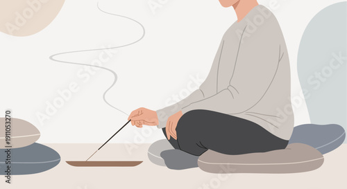 Person Meditating With Incense Smoke Flowing Gently and Relaxing