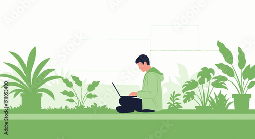 Person Working Remotely Amongst Lush Greenery