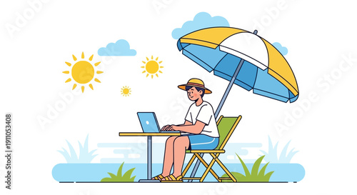 Person Working Remotely Under Umbrella With Sunny Skies