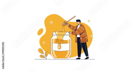 Person Harvesting Golden Honey From A Large Jar With A Dipper