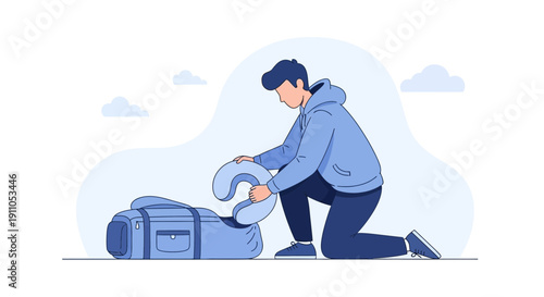 Person Packing Travel Pillow Into Duffel Bag For Journey Or Trip Preparation