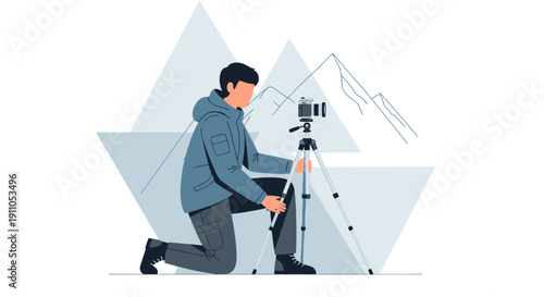 Photographer Capturing Majestic Mountain Scenery With Camera On Tripod