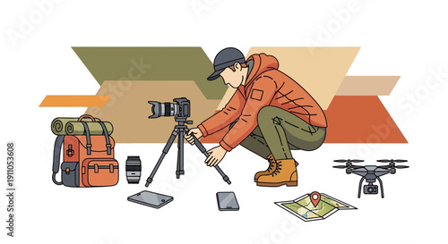 Photographer Preparing Gear For Outdoor Adventure With Camera Drone And Map