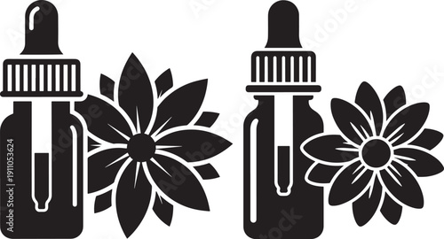 Black silhouette vector illustration of two glass dropper bottles with essential oil and flowers, symbolizing aromatherapy, natural beauty, and wellness.