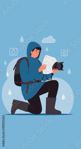Photographer Protecting Camera Gear From Rain During Outdoor Shoot
