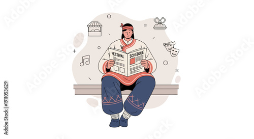 Person Reading Festival Schedule Surrounded By Event Symbols And Cultural Elements
