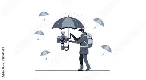 Photographer Protecting Camera Gear During Rainy Weather With Umbrella Adventure