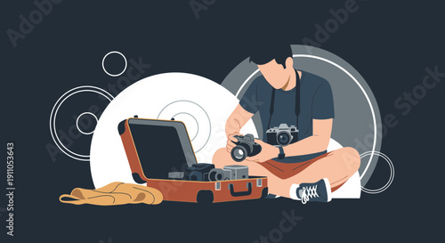 Photographer Preparing His Equipment Against A Modern Backdrop With Circles