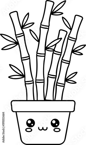 Kawaii Lucky Bamboo Plant in Pot Black and White Line Art