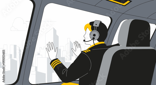 Pilot Gazing Through Cockpit Window Observing Cityscape With Professional Attire