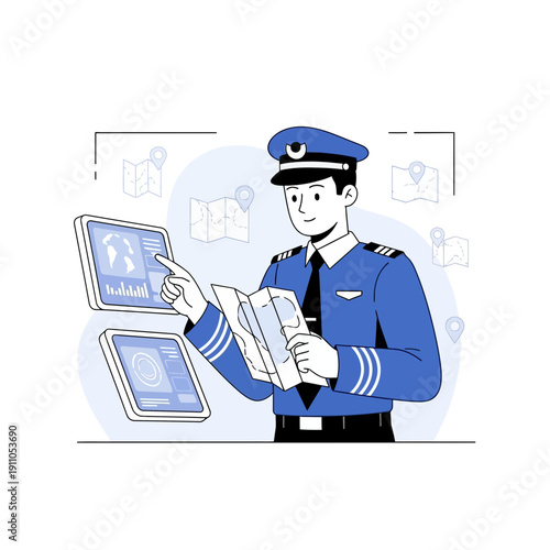 Pilot Navigating With Digital Maps And Charts In Cockpit