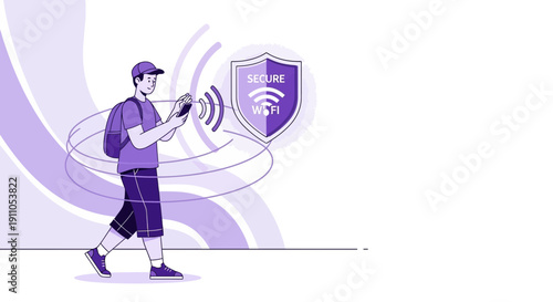 Person Using Mobile Device Protected By Secure Wifi Network Signal