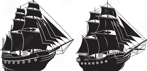 Silhouette vector illustration of two vintage sailing ships with full sails on the sea, evoking adventure, exploration, and maritime history.