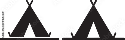 Two black silhouette tents icons isolated on white background. Vector illustration for camping, outdoors, travel and adventure.