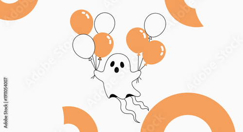 Playful Ghost Floating With Balloons Minimalist Design