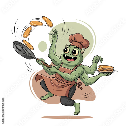 Playful Monster Chef Juggling Pancakes With Multiple Arms Masterfully