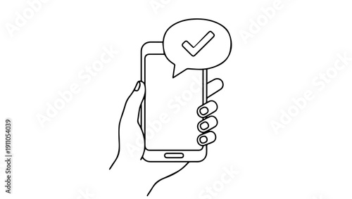Mobile Verification Icon – Hand Holding Smartphone with Checkmark Speech Bubble Line Art, mobile verification icon, smartphone checkmark icon, successful login symbol, two factor authentication, 