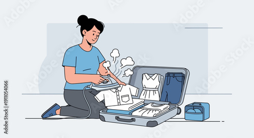 Preparing Clothes For Travel Or Vacation Steam Ironing And Packing Essentials For A Trip