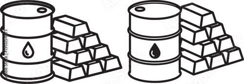 Black and white outline vector illustration of oil barrels stacked with gold bars, symbolizing wealth, resources, and economic value.