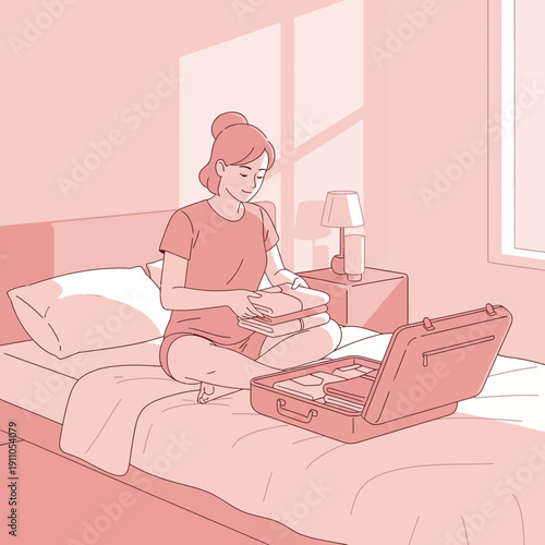 Preparing For A Journey A Woman Neatly Folds Clothes For Her Suitcase