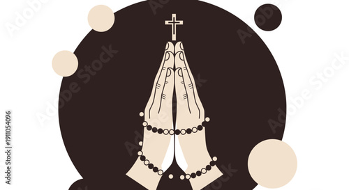 Praying Hands And Rosary Beads With Cross Minimalist Graphic Art