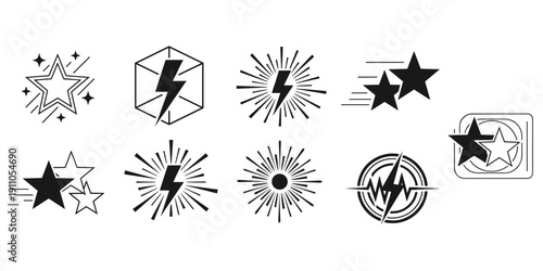 Black and white graphic icons of stars, lightning bolts, and abstract bursts Keywords: star, lightning, bolt, energy, power