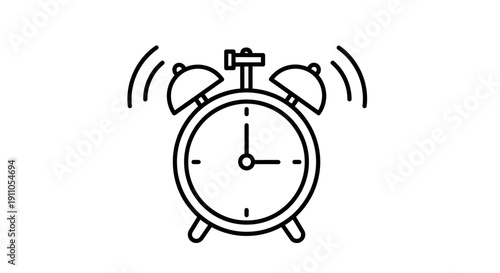 Minimalist outline drawing of a traditional ringing alarm clock indicating wake up time on transparent background