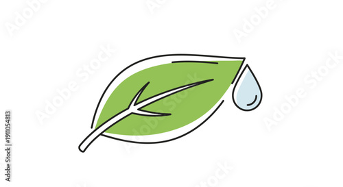 Simple cartoon icon illustrating a vibrant green leaf with a clear droplet of water falling on transparent background on transparent background