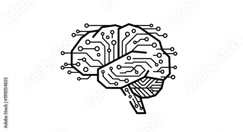 Minimalist outline drawing of a stylized human brain showcasing intricate digital circuit pathways on transparent background