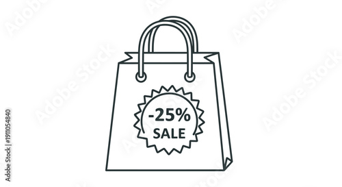 Minimalist line art icon depicting a shopping bag featuring a prominent twenty-five percent off sale discount badge on transparent background
