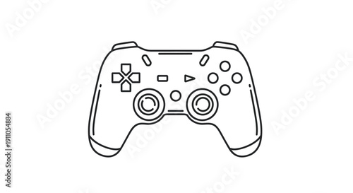 Minimalist line art illustration of a modern video game controller featuring dual analog sticks and directional pad on transparent background