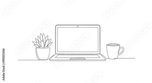 Minimalist continuous line art depicting a laptop, potted succulent plant, and a coffee mug on transparent background