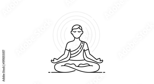 Simple line art illustration of a spiritual figure meditating peacefully with radiating energy on transparent background